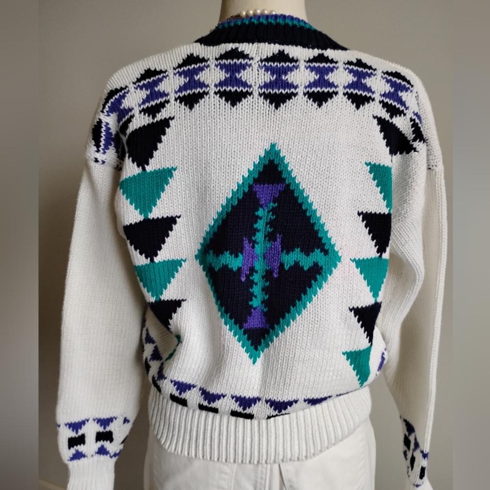 Extra Brand Vintage 80s Chunky Knit Southwestern Design Cropped Cardigan Medium - Picture 10 of 15